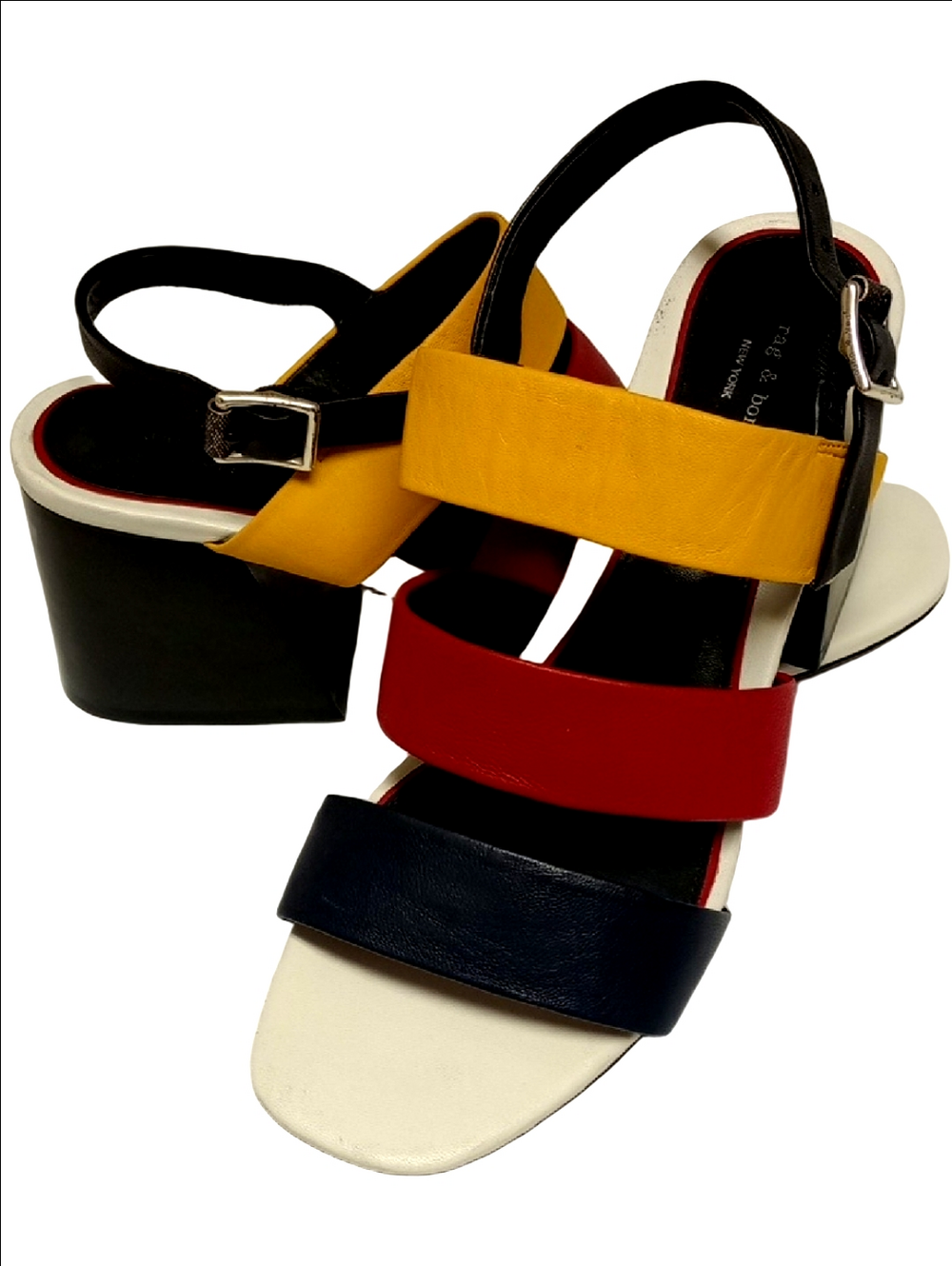 RAG & BONE "REECE" TRICOLOR  NAVY YELLOW RED LEATHER BLOCK HEELED SANDALS